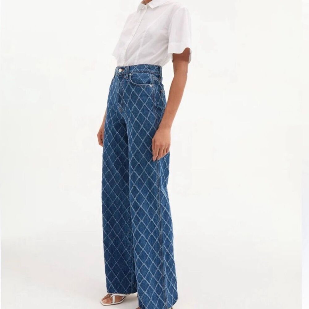 Oat New York Diamond Lattice High Rise Wide Leg Jeans Blue Wash, Women’s 4/27